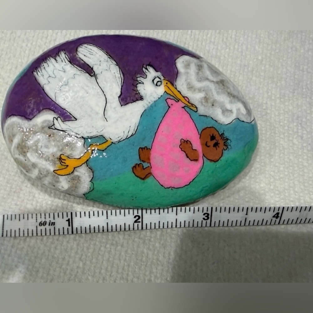 Hand-Painted Stork and Baby Themed Rock Art - Picture 3 of 5